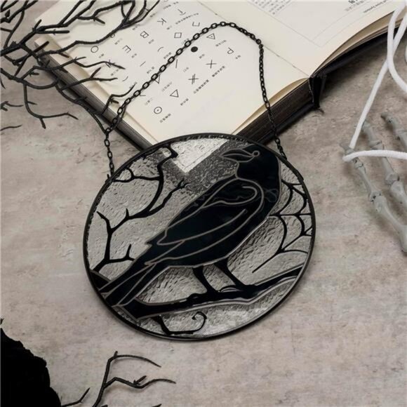Raven Stained Glass Suncatcher Window Hanging Decoration, Halloween Gothic Crow - Picture 5 of 7